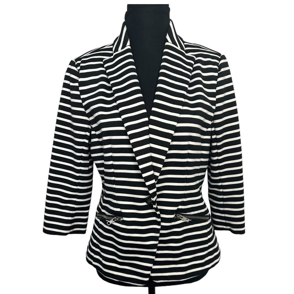 Christian Siriano Black and White Striped Button Front Blazer, Size M